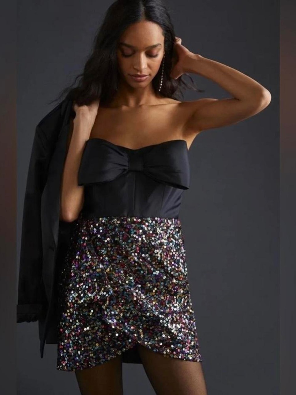 NWT Anthropologie ATSU Sequin Black Bow Strapless Mini Dress 0